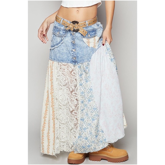 POL Light Wash Button Frayed Lace Floral Print Patchwork Maxi Skirt NWOT - Picture 1 of 5